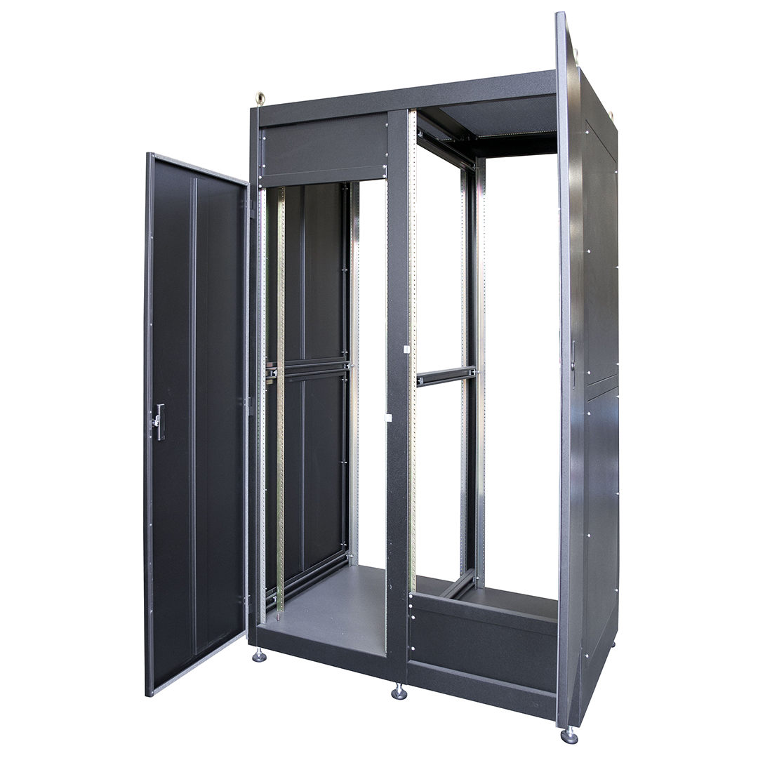 An enclosure that is dual bay and is opened up.