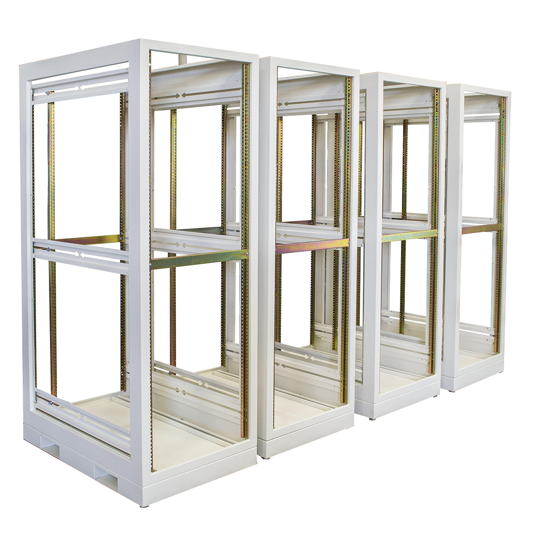 Four custom white enclosure frames lined up