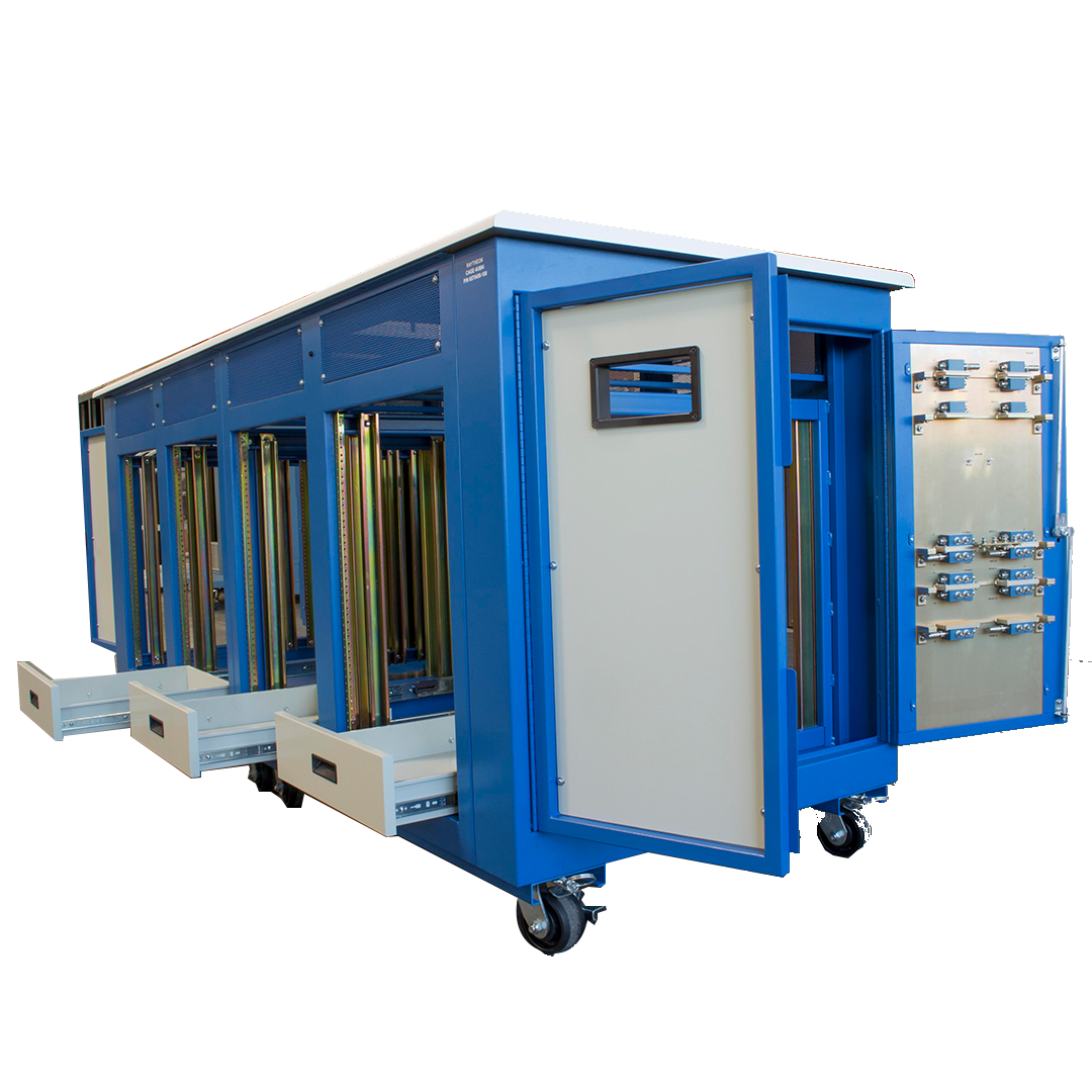 A specialized blue enclosure built specifically for aerospace